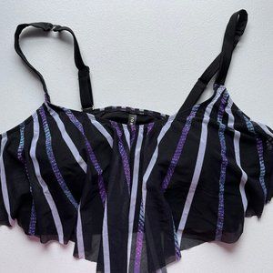 Black Foil Stripe Wireless Mesh V-Flounce Bikini Top